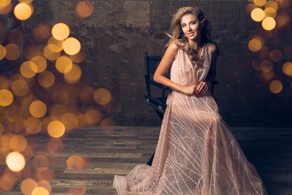Home Beautiful Woman Evening Dress Sitting Chair 1